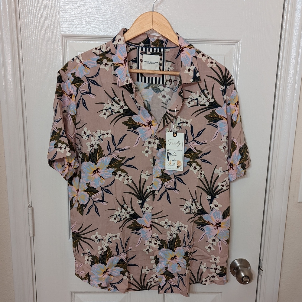 Denim and Flower Viscose Button Up Shirt (Size XL)